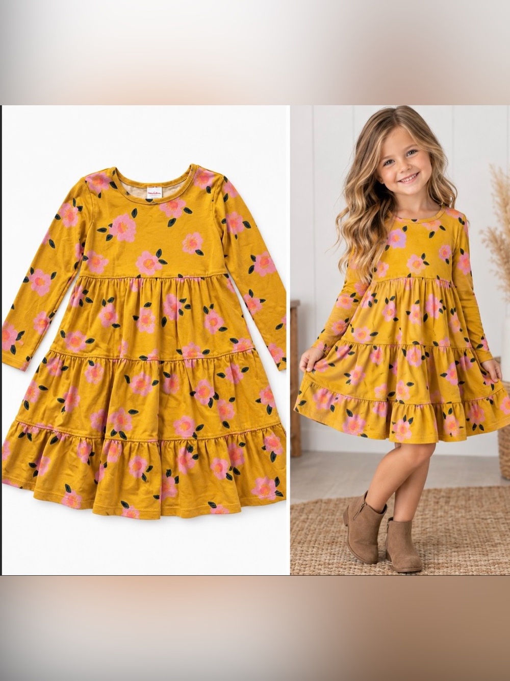 Hanna Andersson Mustard Yellow Floral Tiered Long-Sleeve Dress